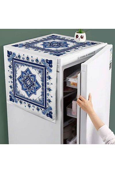 Else Halı 60x140cm Blue and White Floral Pattern Decorative Cover - Freezer and Refrigerator
