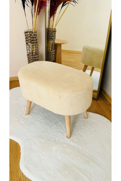 Bounteous Oval Model Ahşap Ayaklı Teddy Kumaş Dekoratif Puf Bench