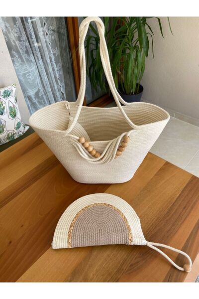 Nev Design 3'lü Set Boncuklu Plaj Çantası, D-Clutch ve Mini Midye Cüzdan, Jüt...
