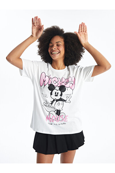 LC Waikiki LCW Mickey Mouse bedrucktes Damen-T-Shirt – Rundhalsausschnitt, kurze Ärmel