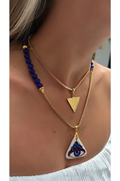Kutcha Accessories Büyük Seramik Göz Mavi Doğaltaş Tasarım Kolye