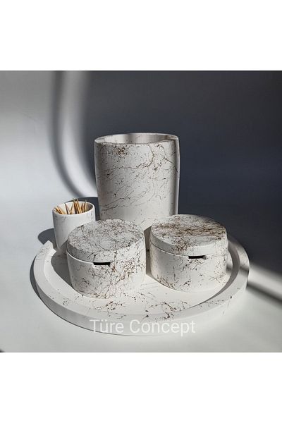 Ture Concept طقم ملعقة وصينية ووعاء توابل ومجموعة أعواد أسنان بتفاصيل ذهبية وذهبية