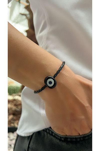 Kutcha Accessories Karagöz Bodrum Bead Bracelet, Black Genuine Leather Bracelet, Nazar Bracelet