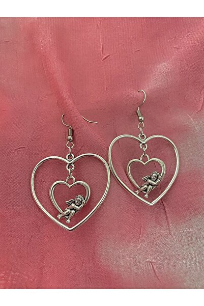 bohemian takı tasarim Kalpli Melek Küpe Antik Gümüş Kaplama