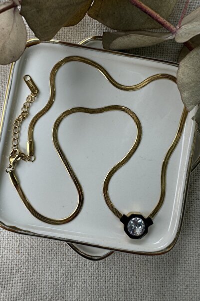 fuya design قلادة من الفولاذ بحجر المينا الأسود - على سلسلة إيطالية، 45 سم