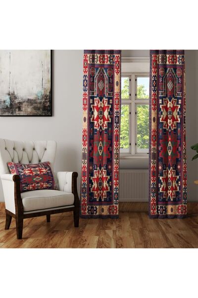 Else Halı Else Lacivert Kırmızı Retro Şark Otantik Anadolu Desenli Fon Perde