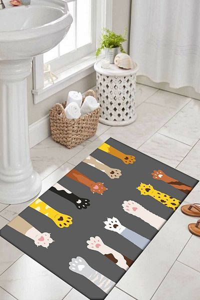 Else Halı Colorful Cat Paws Pattern Digital Printed Washable Non-Slip Base Single Bathroom Rug Mat