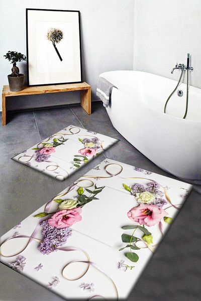 Else Halı Else Pink Purple Roses Green Petals Σετ 2 τεμαχίων τουαλέτας Σετ χαλάκι μπάνιου Μοκέτα