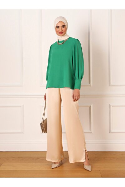 Refka Elegant Blouse with Aerobin Button Detail and Balloon Sleeves - Grass Green - Refka