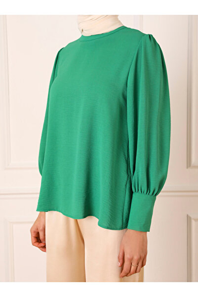 Refka Elegant Blouse with Aerobin Button Detail and Balloon Sleeves - Grass Green - Refka