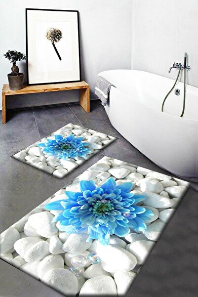 Else Halı Else Mavi Çiçekli Desenli Yıkanabilir Kaymaz Taban 2li Banyo Halısı...