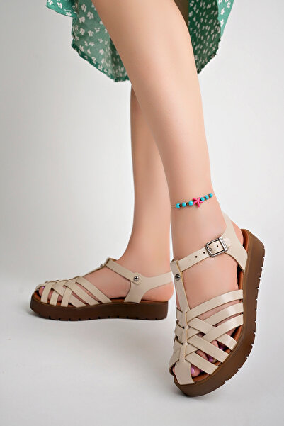 Deripabuc Hakiki Deri Bej Kadın Deri Sandalet Dp-0097