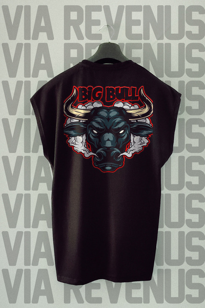 Vordevia Tricou sport negru Big Bull imprimat pe spate - Mânecă zero