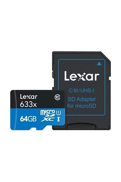 Lexar بطاقة ذاكرة MicroSDXC Class10 U3 UHS-I سعة 64 جيجابايت 633x + محول SD (95 ميجابايت/ثانية) LSDMI64GBBEU633A