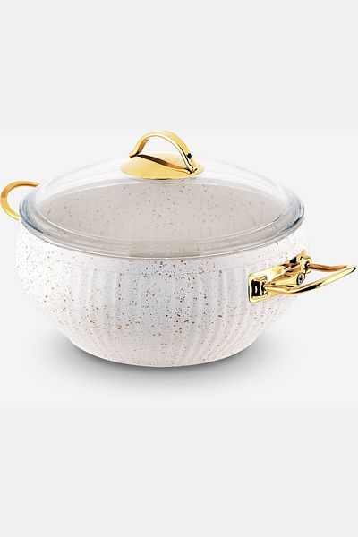 Lines 28 Cm White Granite Patterned Casserole Deep Pot Gold Handle Glass Lid