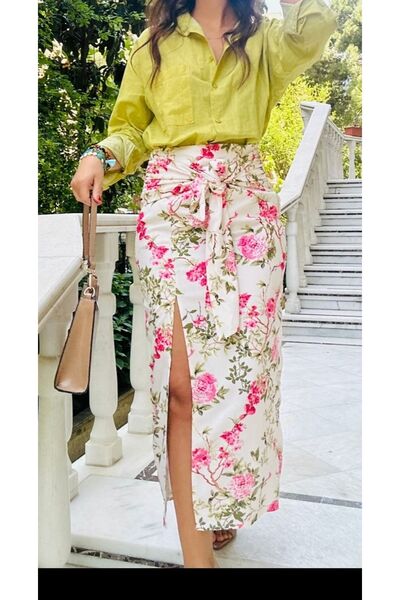 LaSorella Butik keten çiçekli etek