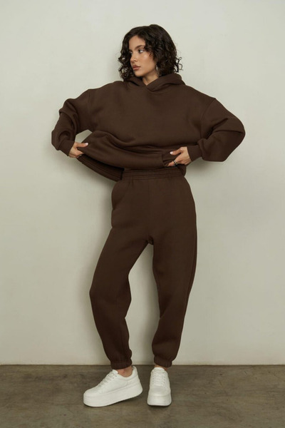 BayBayan Women's Brown 3 Thread Kangaroo Pocket Loose Comfortable Tracksuit Set