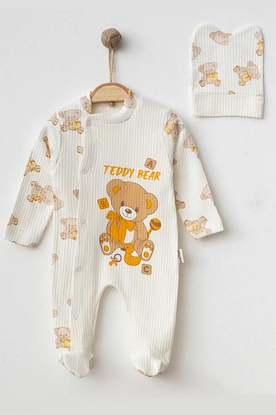 Mai Perla Teddy Bear Printed Baby Rompers with Hat