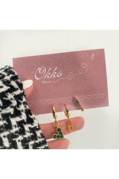 Okkostore Taşlı Kalp Kilit Detaylı 3'lü Küpe