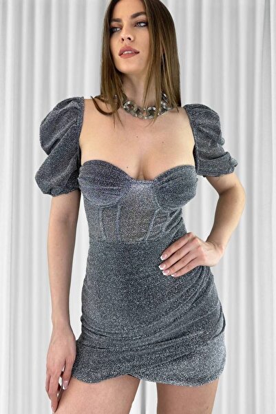 ALFUDO Moda Collection U Yakalı Simli Tül Detaylı Kısa Kollu Likralı Eteği Kr...