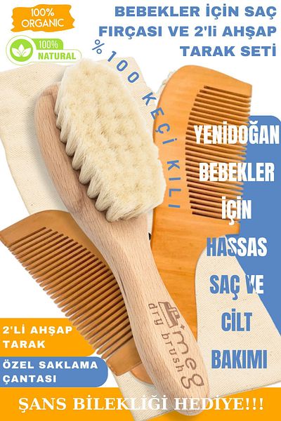 MEG Dry Brush Natural Baby Hair Brush and 3-Piece Wooden Comb Set - 100% Goat Hair, with Storage Pouch