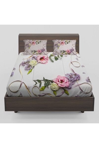 Else Halı White Purple Lavender Pink Roses Patterned Elastic Double Elastic Sheet Set 160x200cm