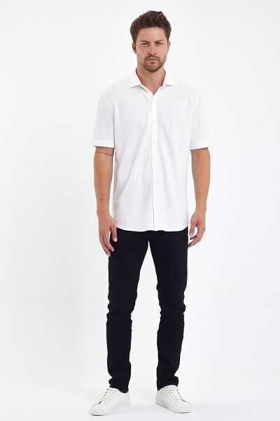 ENQUE Чоловіча сорочка з коротким рукавом, коміром поло та ґудзиками, екрю