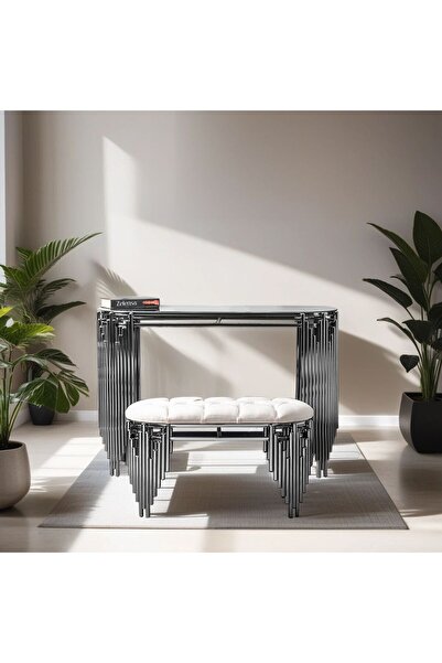 ZELENSA Gümüş Dresuar Puflu Set 120 Cm