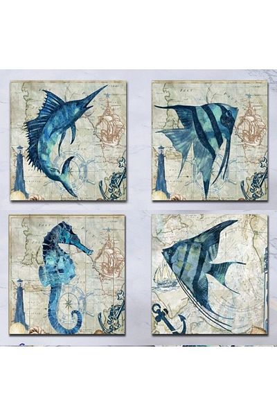 Else Dekor Else Fish Patterned 4-Piece Coffee Tea Coasters Set Washable Non-Slip