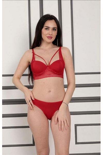 NİVENE Empty Underwire Red Balconette Bra Set