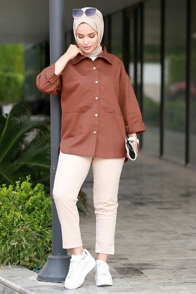 Bestenur Coffee Color Belen πουκάμισο με πτερύγιο και τσέπες 585