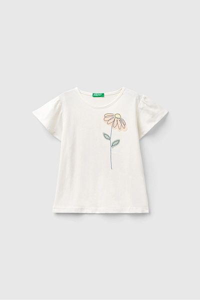 Benetton تي شيرت أبيض قصير الأكمام للفتيات