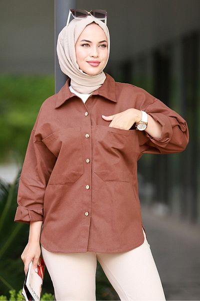 Bestenur Coffee Color Belen πουκάμισο με πτερύγιο και τσέπες 585