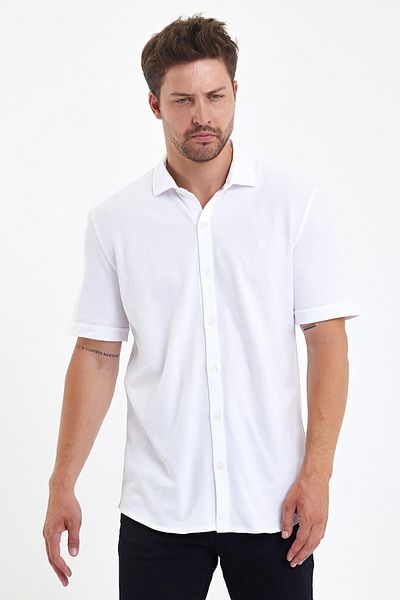 ENQUE Men's Polo Neck Short Sleeve Button Loose White Shirt