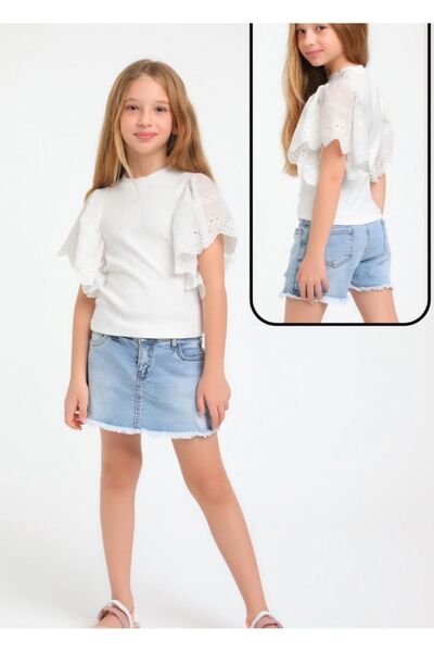 Escabel Etek Ucu Püsküllü Denim Şort Etek