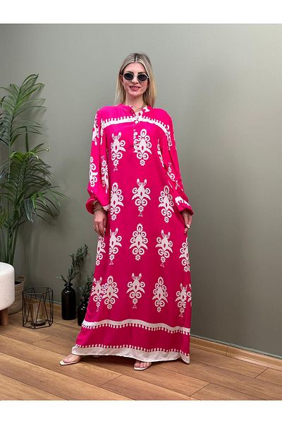 WAPP Pink Viscose Hijab Dress - Half Front Button and Balloon Sleeve Ankle Elastic