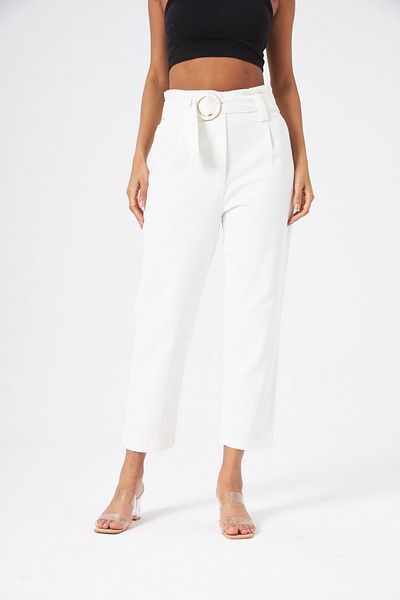 MİA NOURA Long Straight Leg Trousers with Belt & Buckle