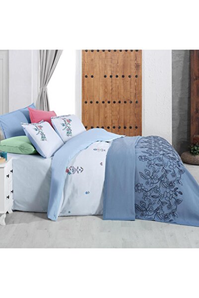 Sarev Eva Mia Mavi Çift Kişilik %100 Pamuk Nevresim Takımı ve Pike Seti