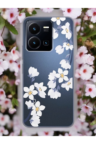 Spoyi Vivo Y35 Art White Flowers Design Transparent Phone Case