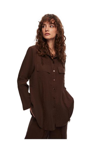 MISS DALIDA Cămașă de in - Design cu ciucuri maro