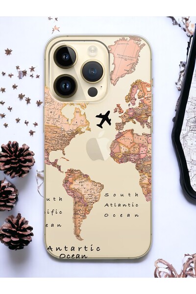 Spoyi iPhone 15 Pro Max Transparan Harita Tasarımlı Şeffaf Telefon Kılıfı