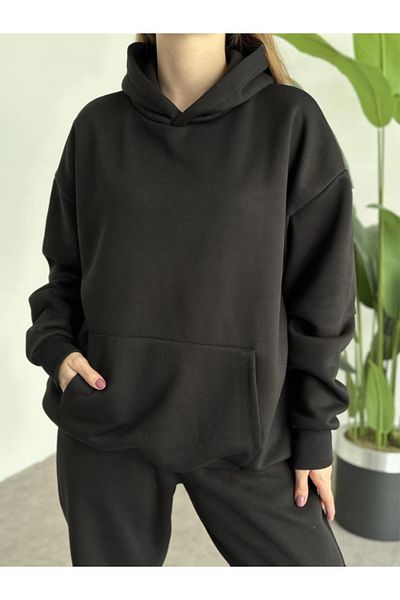 BayBayan Γυναικείο Σετ Φόρμας Oversize Μαύρο 3 Κλωστών Εσωτερικά Βαμβακερό
