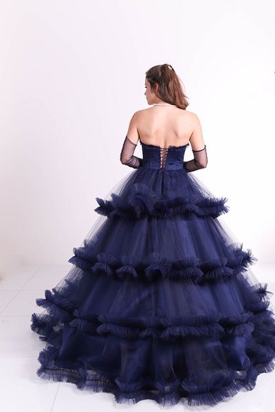 Engin Moda Long Layered Navy Blue Engagement and Evening Dress