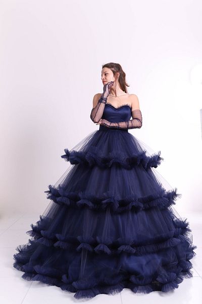 Engin Moda Long Layered Navy Blue Engagement and Evening Dress