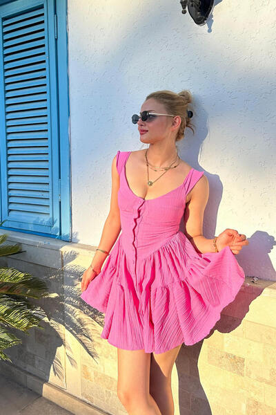 HARMONY GLOBAL Linen Mini Summer Dress - Round Neck, Thick Straps and Shorts 0176