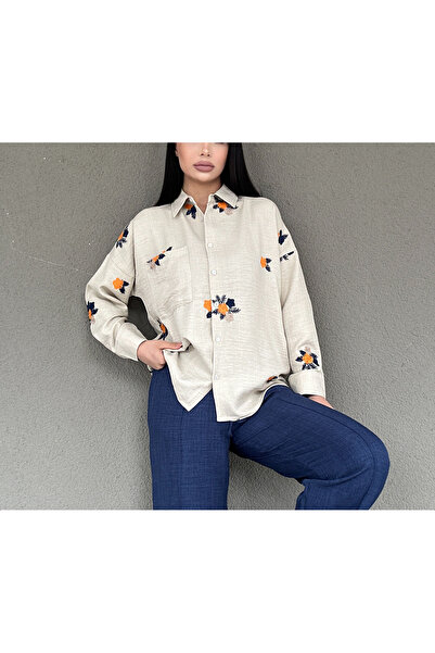 blue ashley Keten Nakışlı Oversize Gömlek