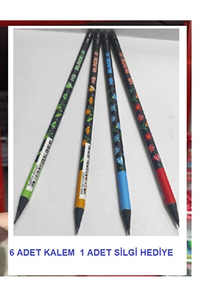 Adel Blackline   ÇİÇEKLİ'Lİ  Yuvarlak HB  SİLGİLİ  Kurşun Kalem   6 adet   (+...