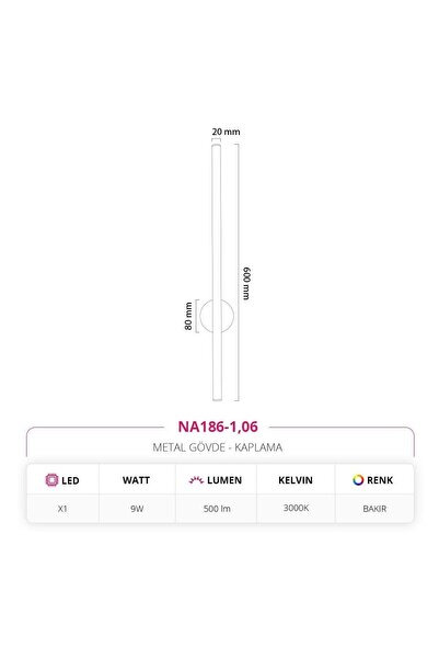 NEVO Dekoratif İç Mekan 60 Cm Bakır Aplik Gün Işığı NA186-1