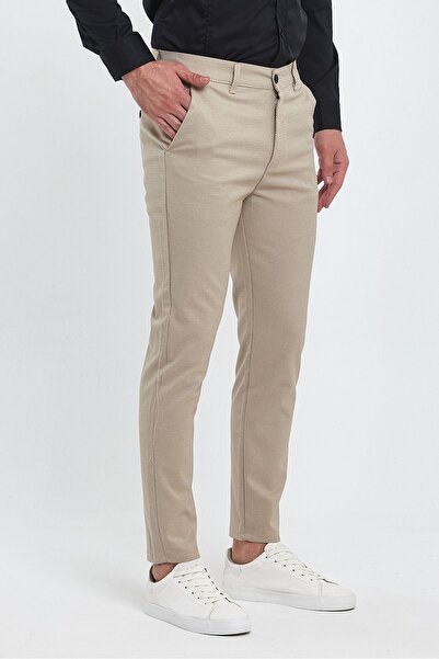 MİX CLOTHES Erkek Bej İtalyan Kesim Petek Desen Keten Pantolon