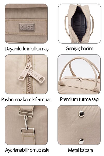 KAFF Beige Crinkle Fabric 00816 Unisex Water Resistant Wide Shoulder Strap Hand Sports Travel Bag with Front Pocket